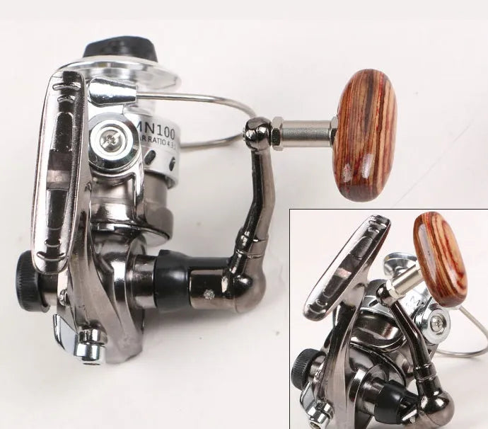 Mini 100 all metal black spinning reel MN100 8cm high with folding wooden rocker arm handle