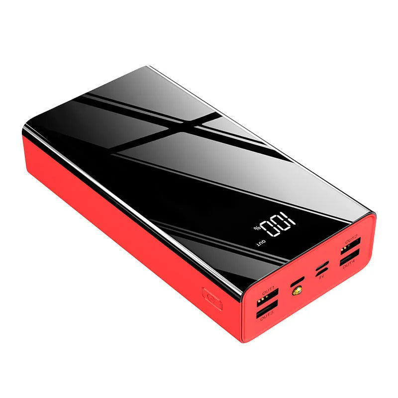 Large 40000mAh portable power bank with LCD screen in red or black colour.