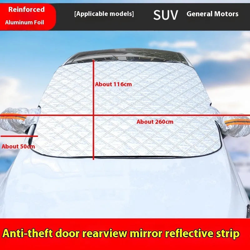 Thickened aluminium foil winter car cover for SUV windshields with magnetic fasteners and reflective stripes