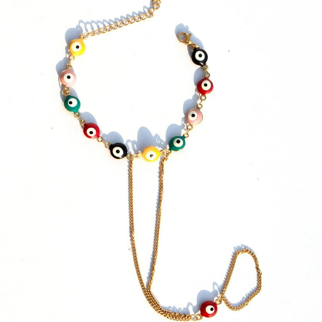 Women's titanium steel round eyes lucky mitten-type bracelet in colourful electroplated finish on a neutral background