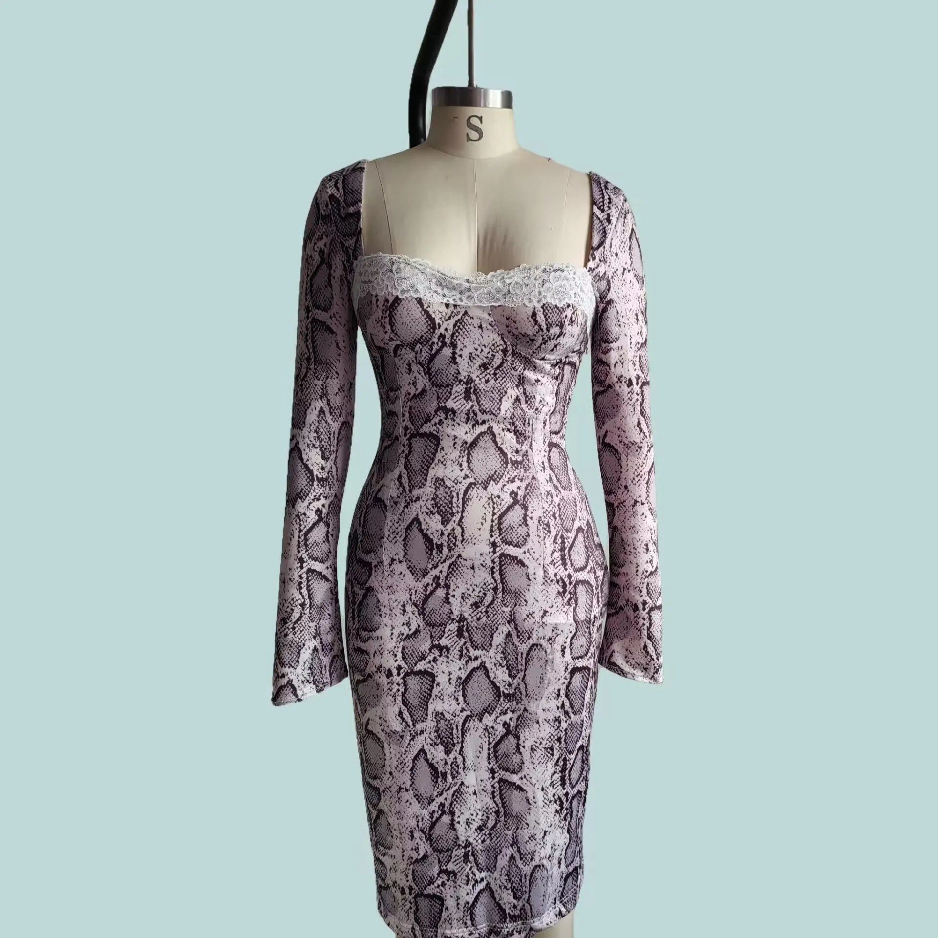 Grey slim fit lace dress with long sleeves, digital 3D print pattern, and an A-line skirt.