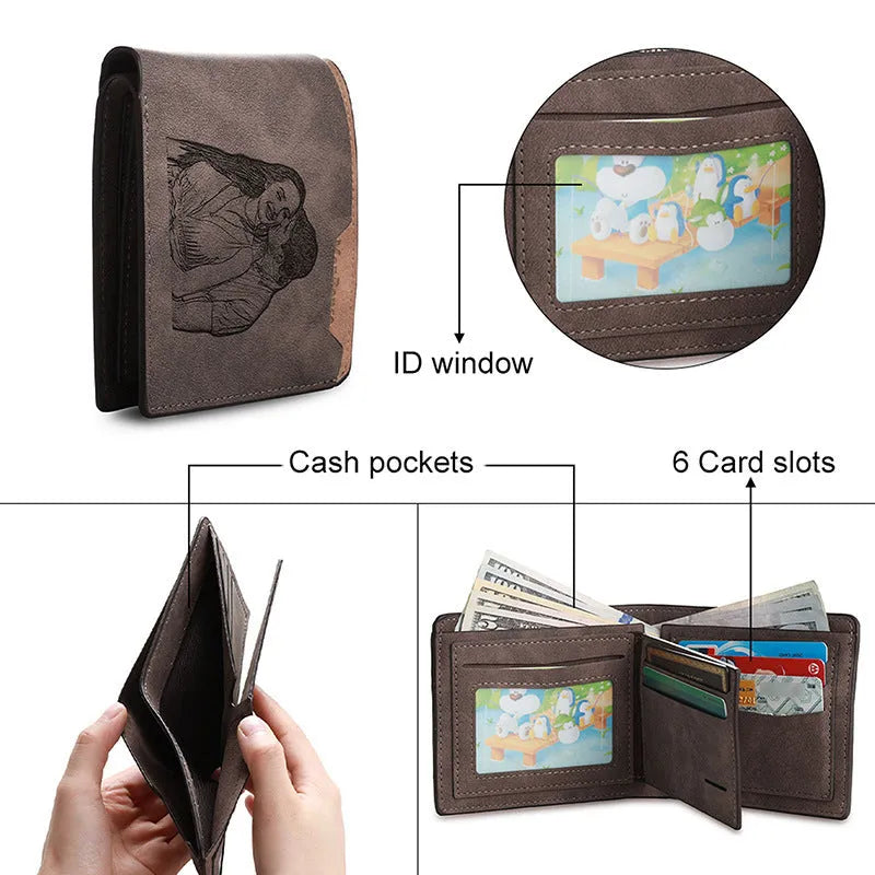 Coffee brown engraved horizontal PU wallet with custom photo personalisation.