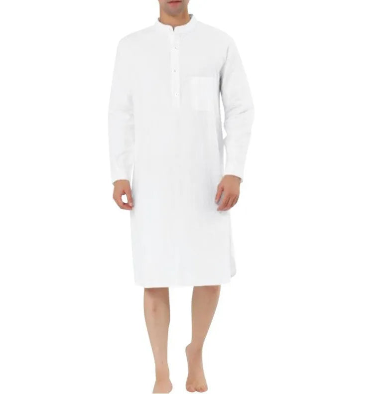 Men's cotton shirt robe in a shirt style with front pockets, shown in multiple colour options