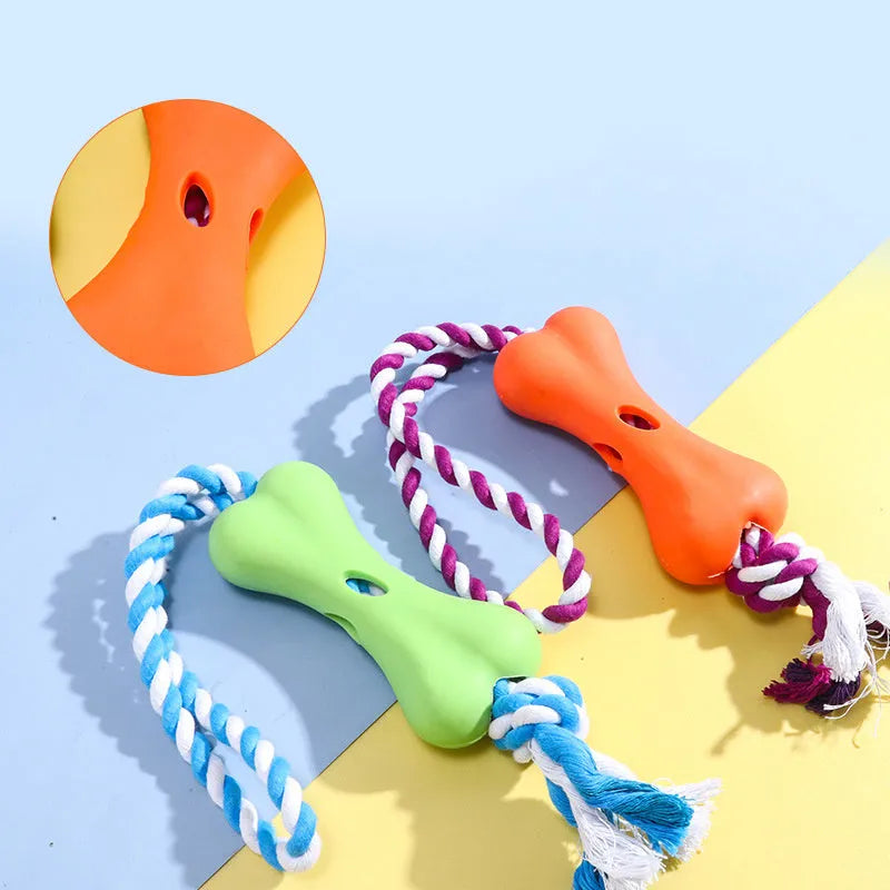 Porous bone rope knot dog chew toy with food compartments in green colour
