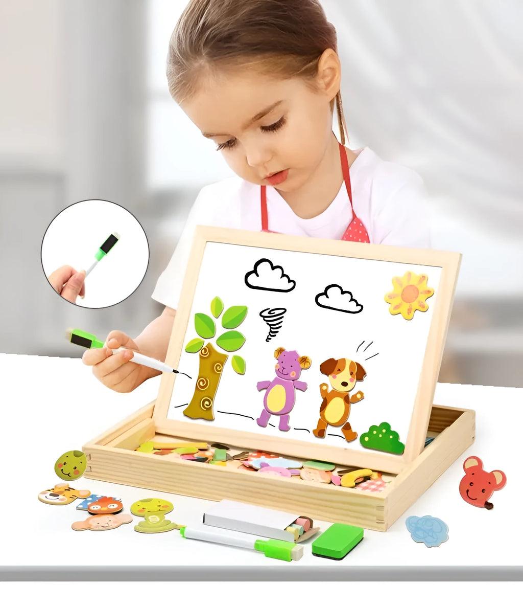 Wooden magnetic puzzle board with 100+ pieces including animal figures and drawing surface