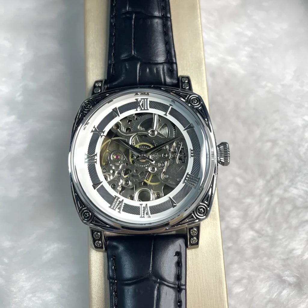 Mens hollow out business watch with white leather strap and round dial
