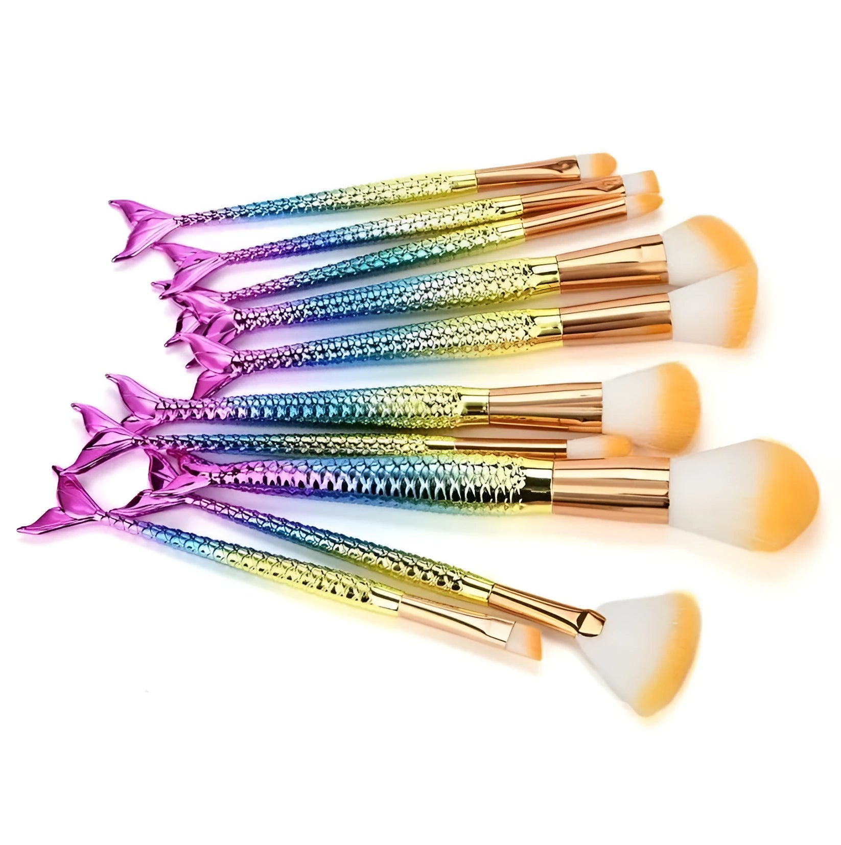 Mermaid makeup brush set of 10 pieces with multicolor nylon bristle brushes for powder eyeshadow