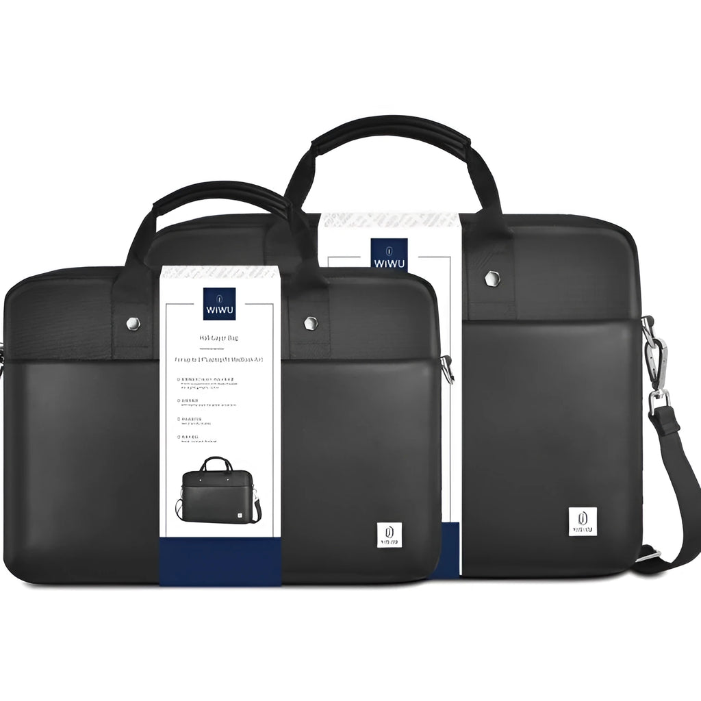Black Oxford cloth laptop handbag with multiple compartments and a lock, shown in 14-inch and 15.6-inch sizes.