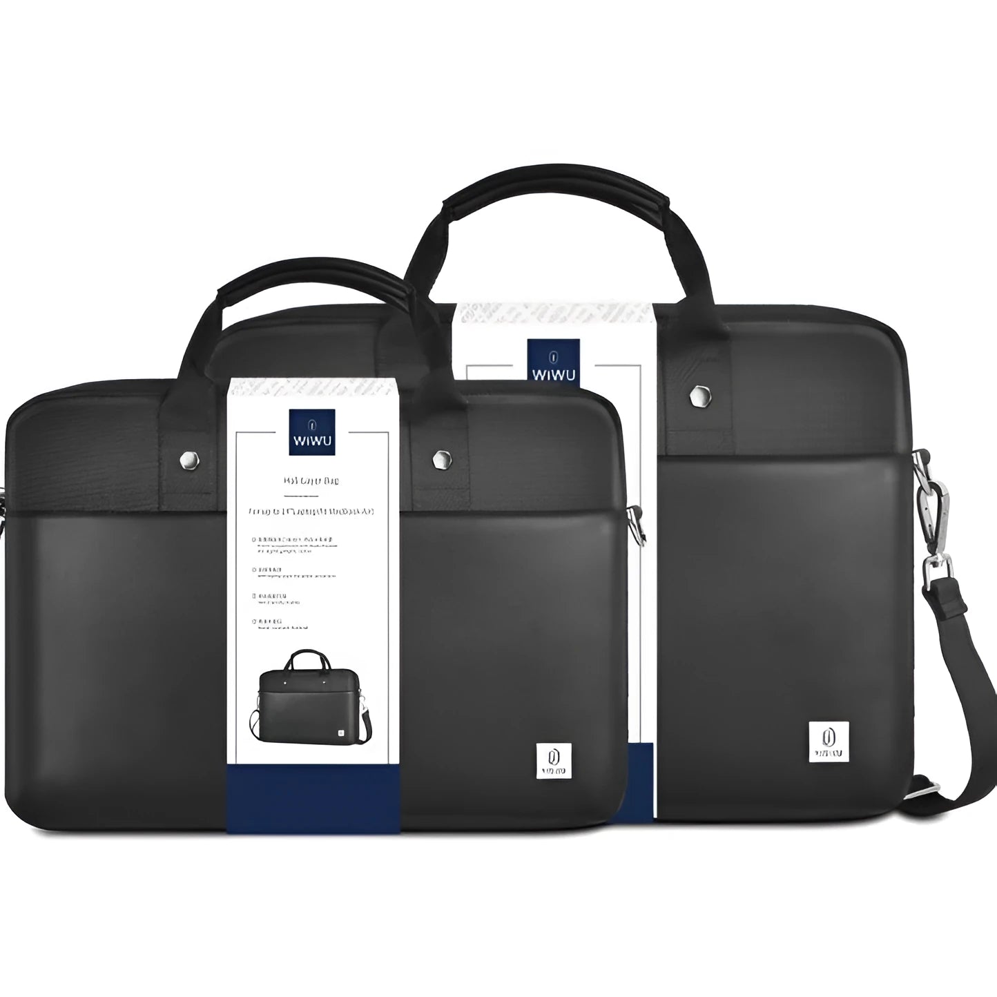 Black Oxford cloth laptop handbag with multiple compartments and a lock, shown in 14-inch and 15.6-inch sizes.