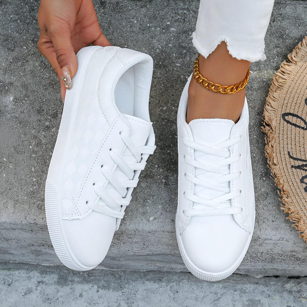 Women's thick bottom white casual exercise shoes with round toe and artificial PU upper