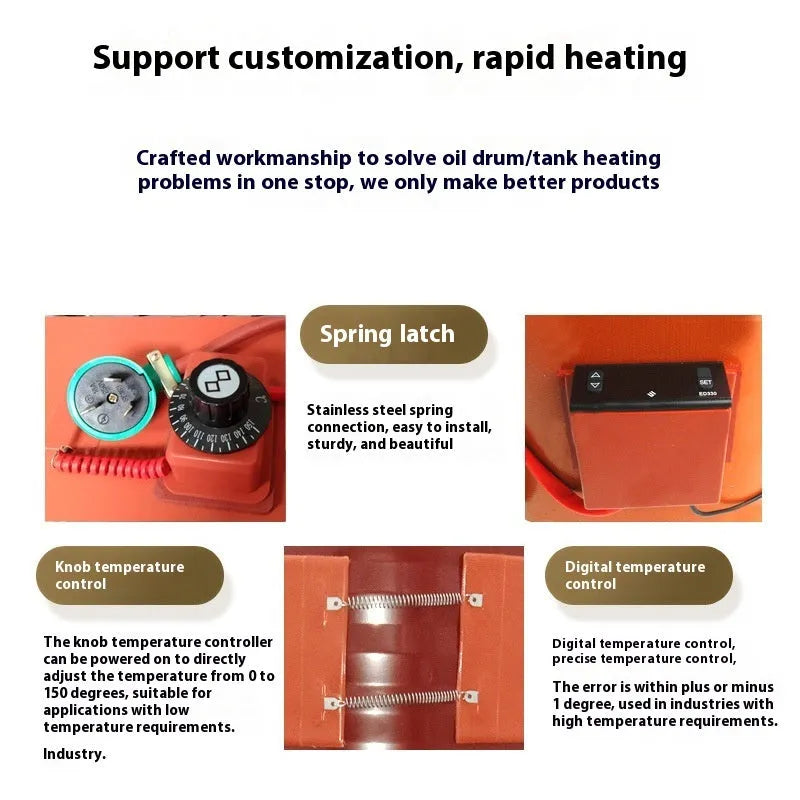 Silicone rubber heating belt wrapped around 200-litre oil drum with control panel