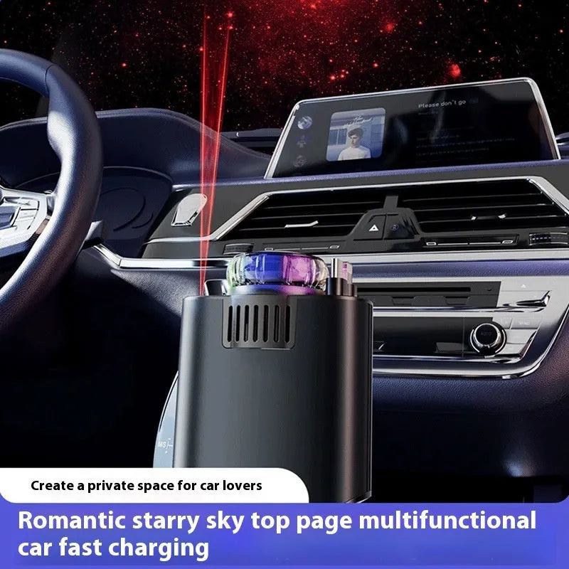 120W fast charge car charger with Starry Sky light, dual Type-C ports, and aromatherapy spray kit