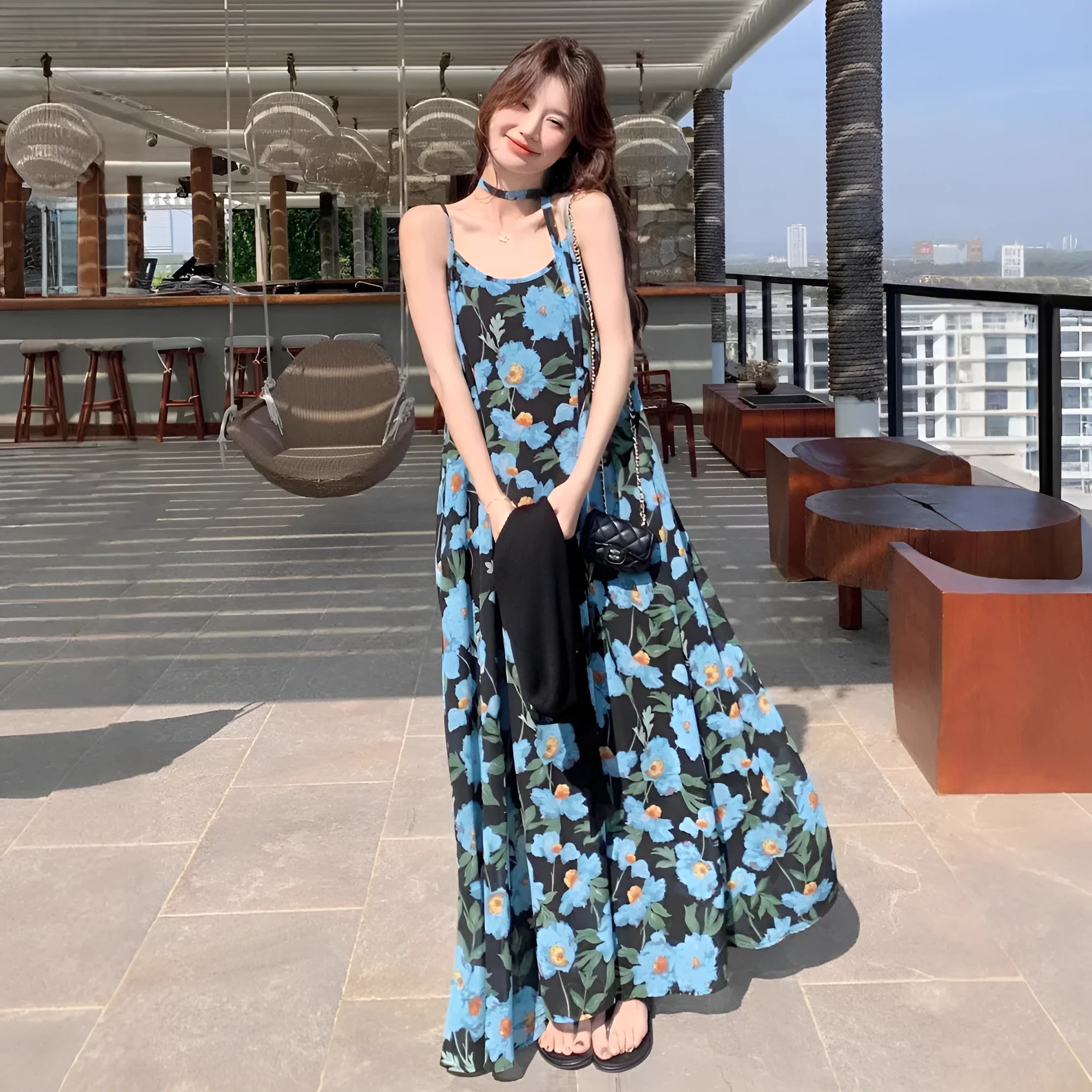 Blue floral strapless off-the-shoulder mid-length polyester dress with print, sleeveless, wide waist