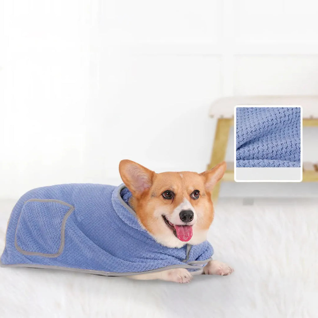 Blue microfiber dog bath robe towel wrapped around dog with adjustable waistband visible