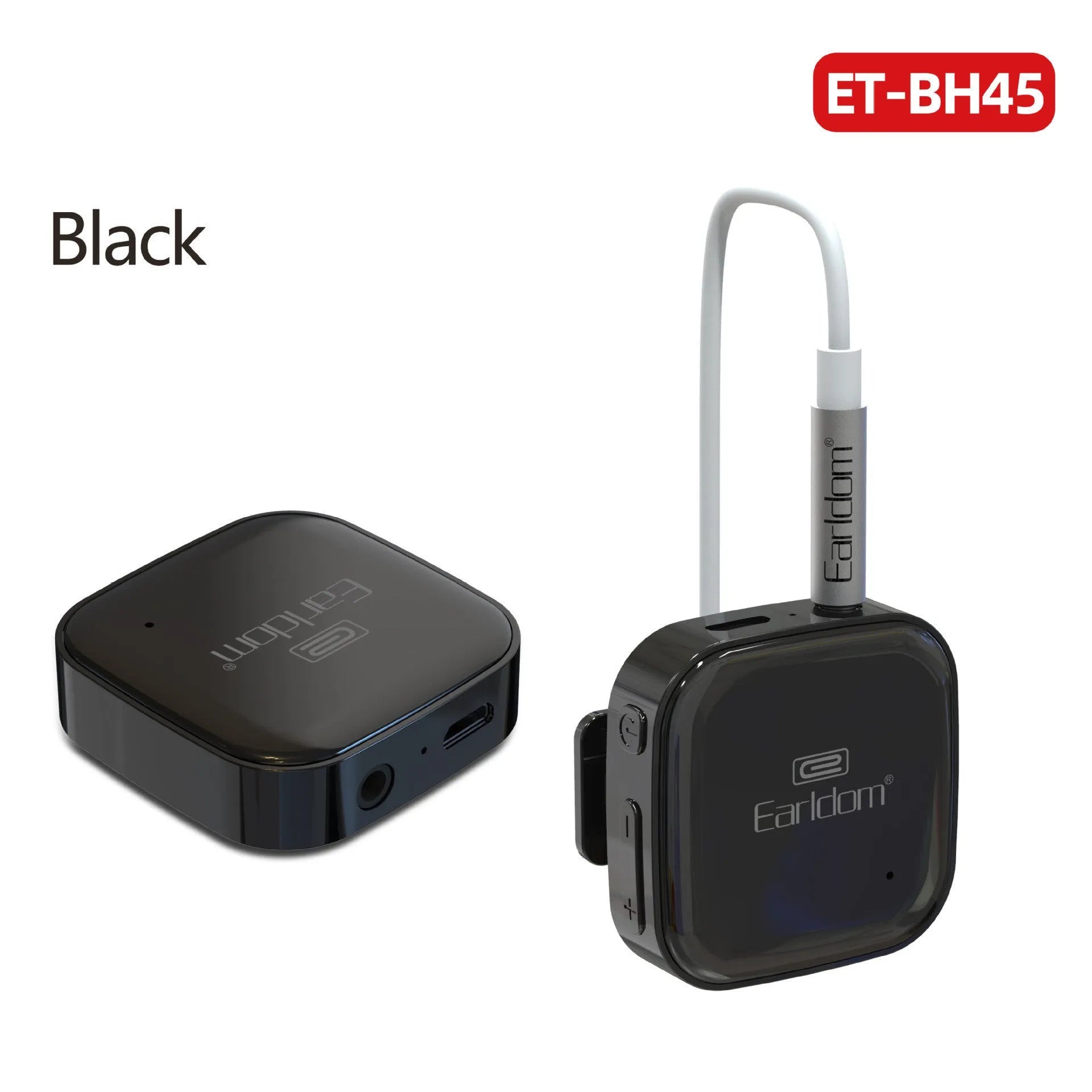 Black Bluetooth lavalier headset with microphone, showing wireless audio receiver unit.