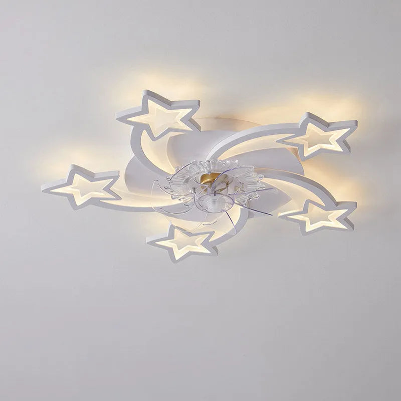 Modern white ceiling fan light with six-blade design and integrated light fitting on a room ceiling.