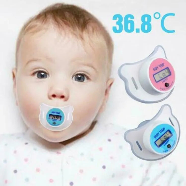 Blue and pink digital baby pacifier thermometers showing LCD temperature display