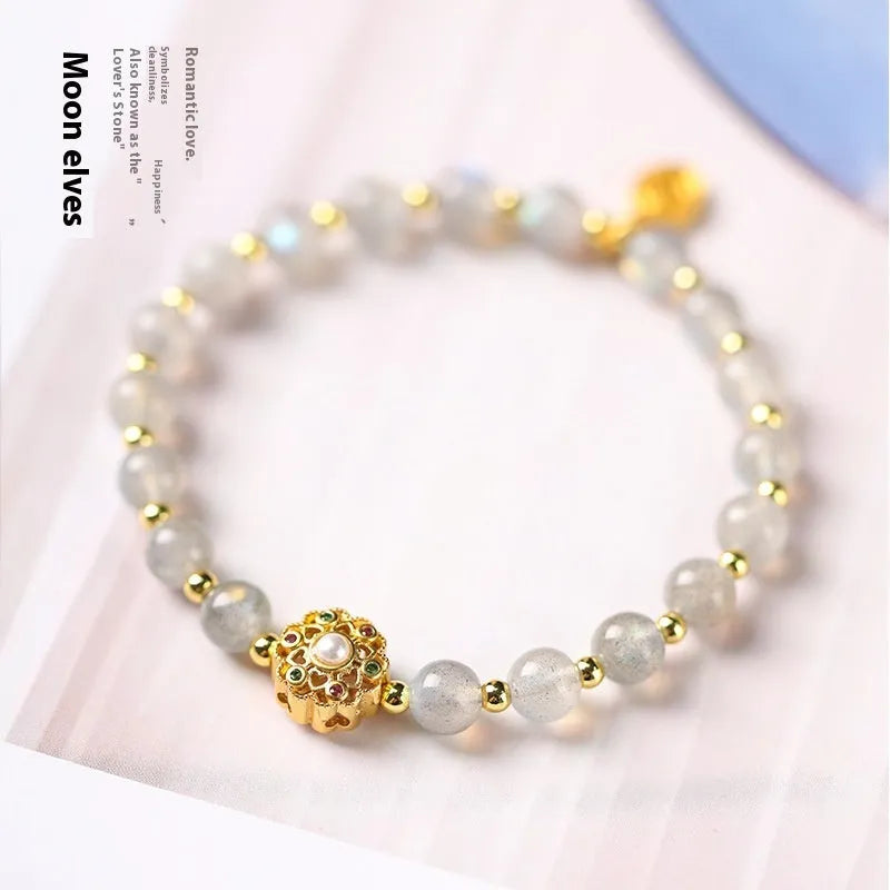 Hand-woven crystal bracelet with gray moonstone, sunstone and strawberry quartz 6mm beads
