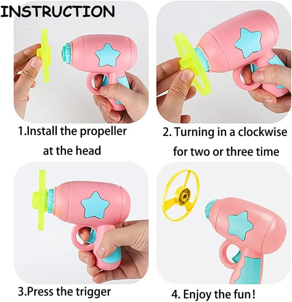 Blue interactive cat toy gun with a plastic frisbee, for indoor cat play.