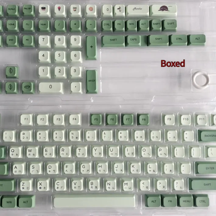124-key matcha green PBT keycap set showing multiple international language layouts including Arabic and Korean.