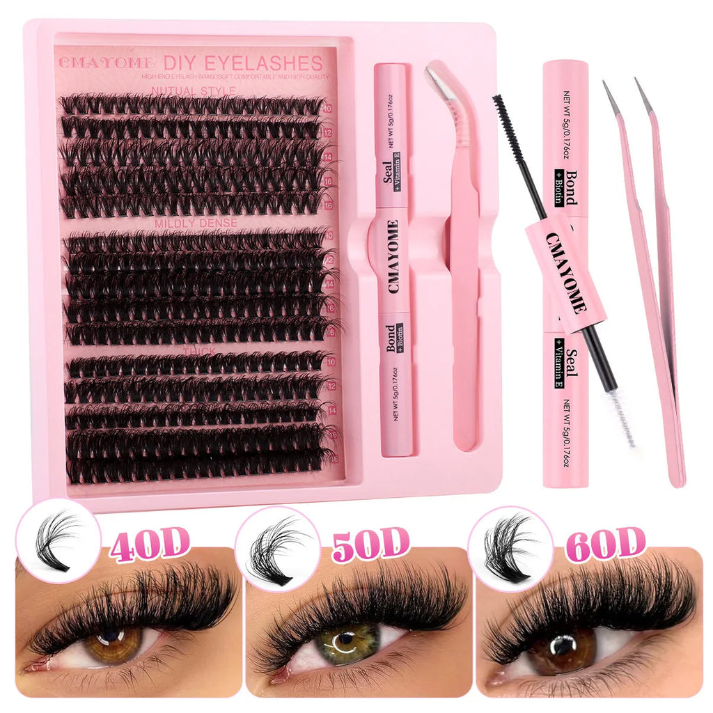DIY false eyelashes extension kit showing cluster lashes and metal tweezers on a clean surface.