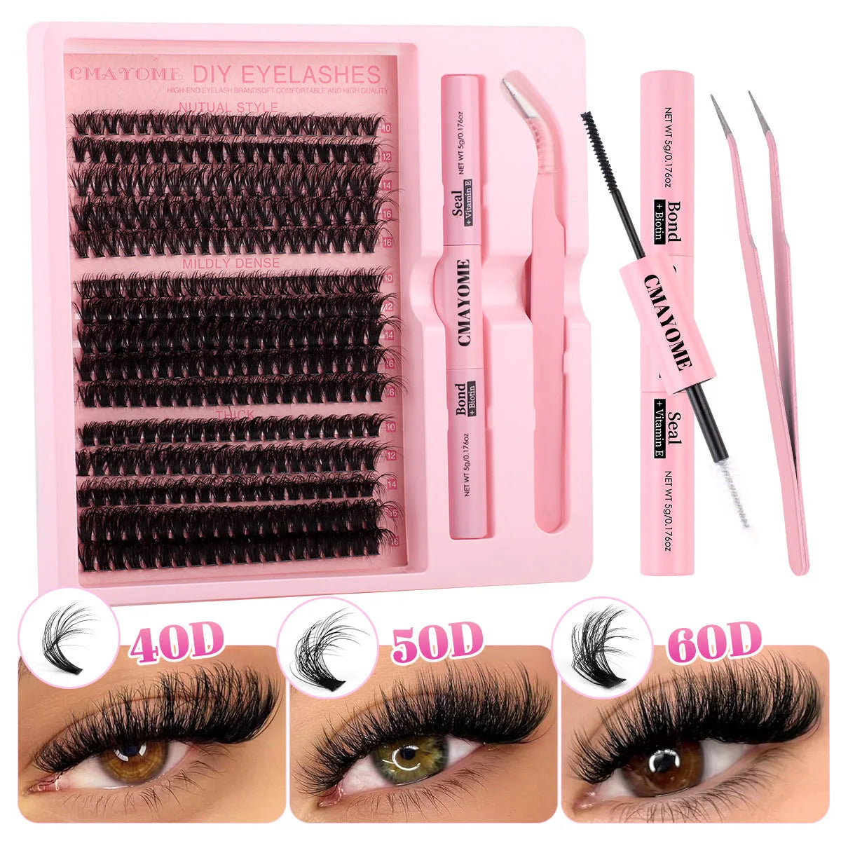 DIY false eyelashes extension kit showing cluster lashes and metal tweezers on a clean surface.
