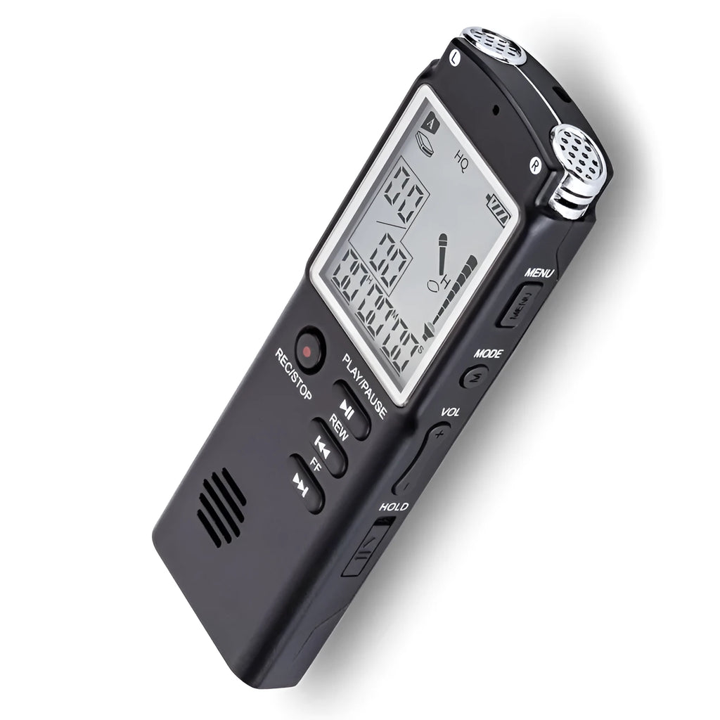 Compact USB digital voice recorder with external microphone on a desk.