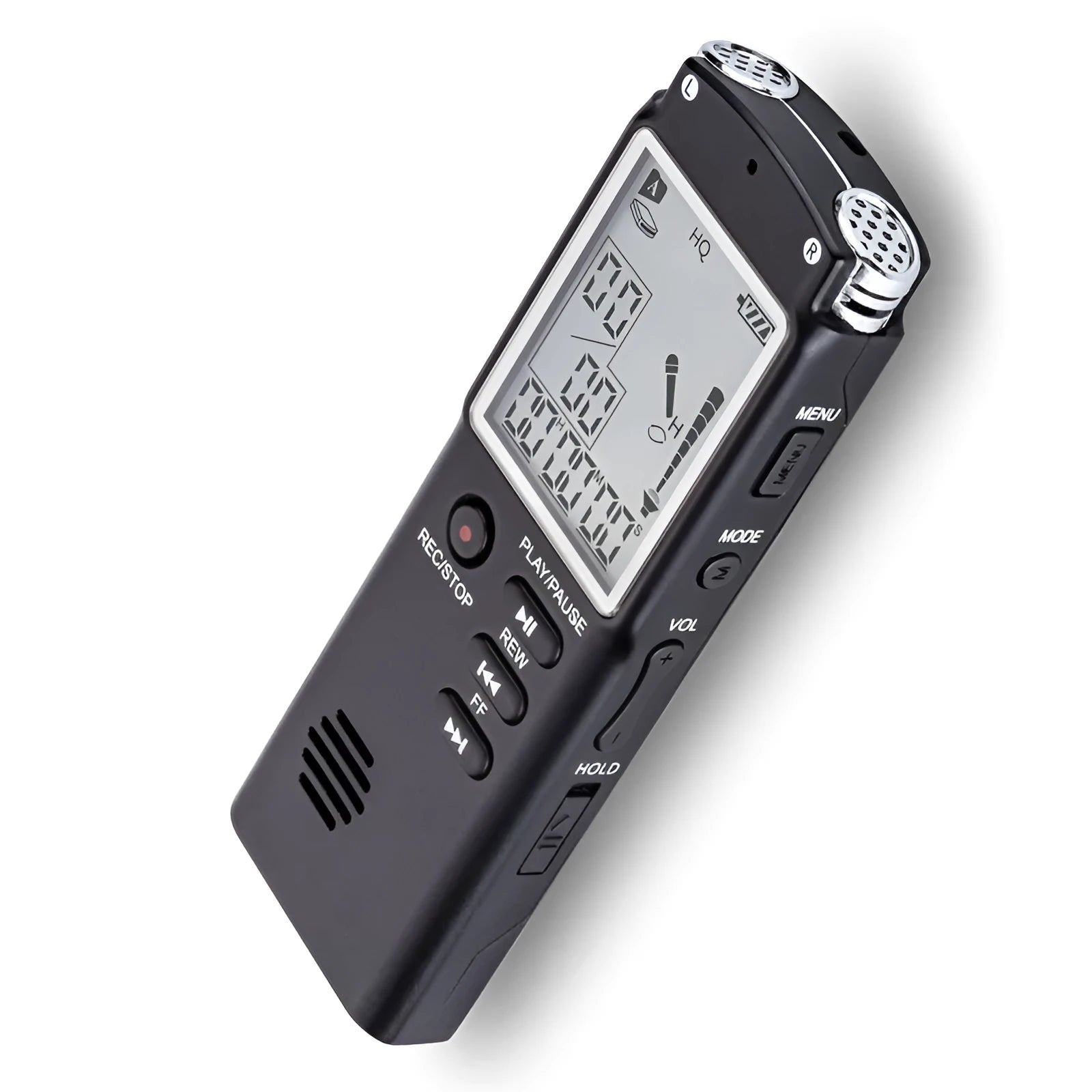 Compact USB digital voice recorder with external microphone on a desk.