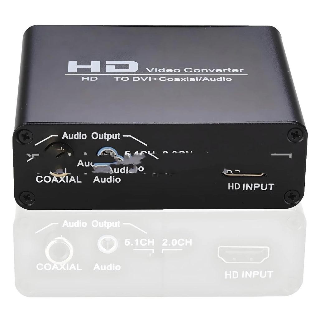 Black HDMI to DVI converter cable with 3.5mm audio output jack, 1.5 metres long.