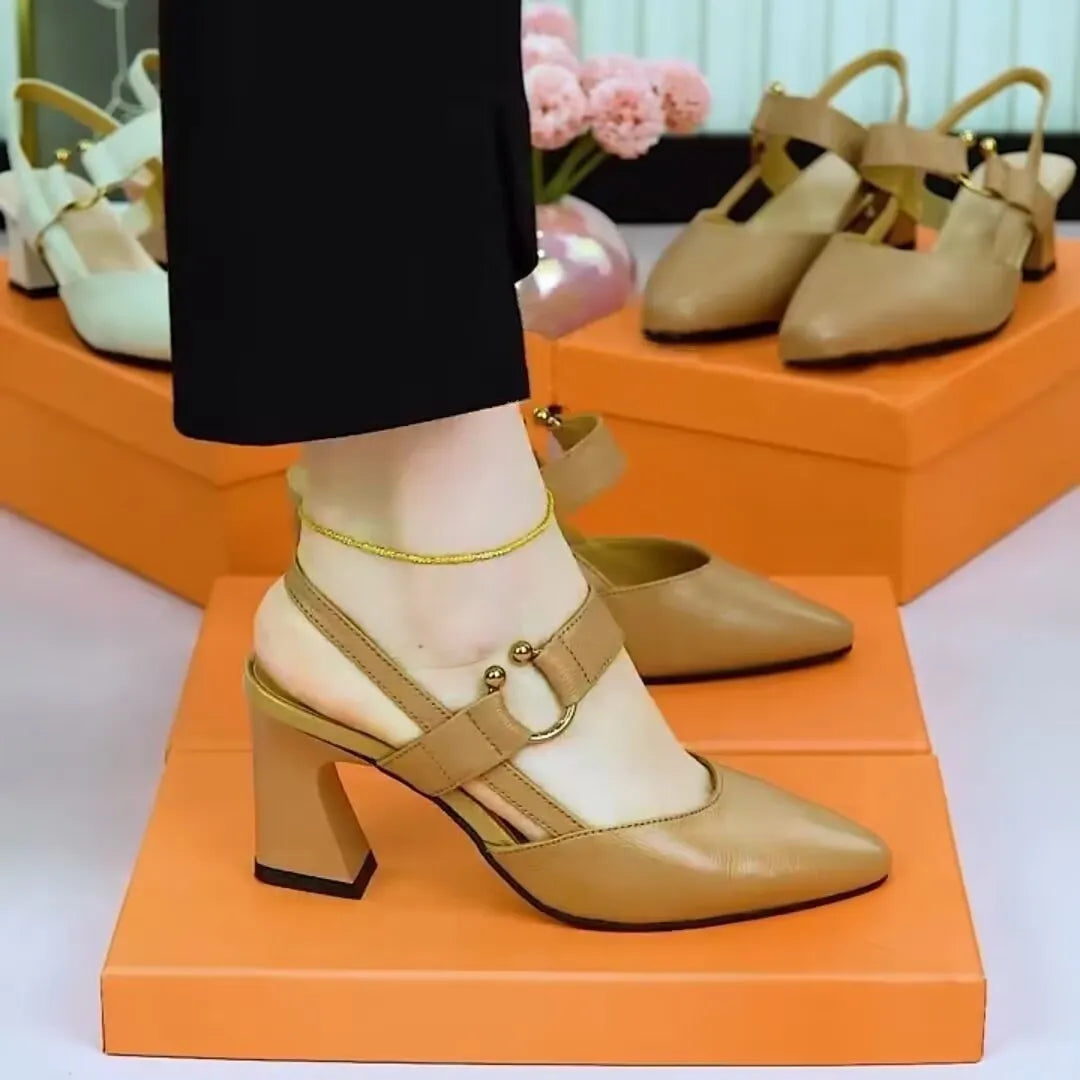 Closed toe women's sandals with chunky high heel in apricot pigskin leather