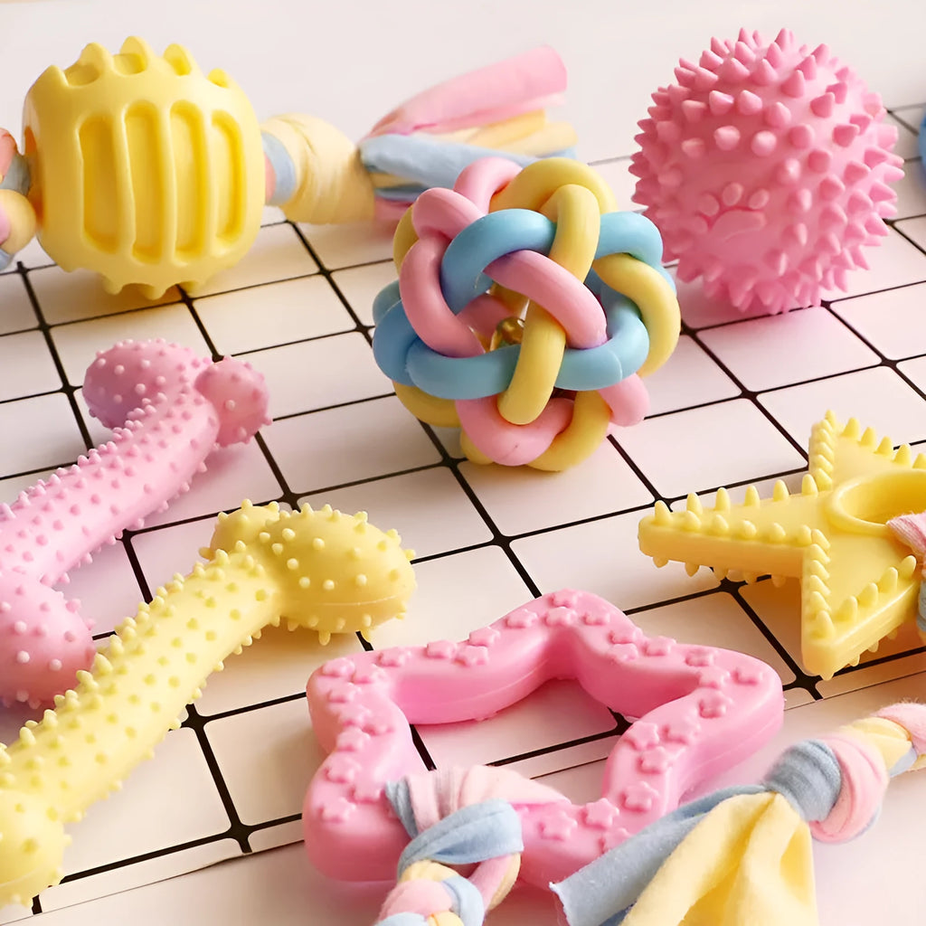 Non-toxic rubber dog training toy in star shape with teeth-cleaning surface design, available in pink blue and yellow