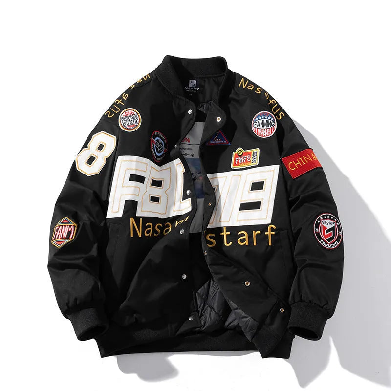 Black loose-fit motorcycle baseball jacket with detachable hood on a hanger