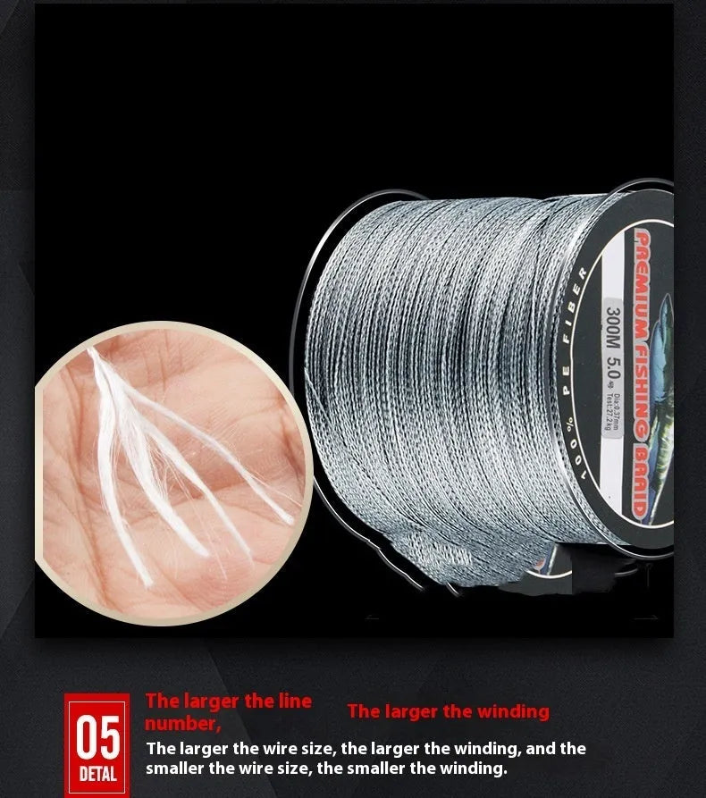 Spool of colour-coded PE fishing line showing multiple colour sections with strength and colour options