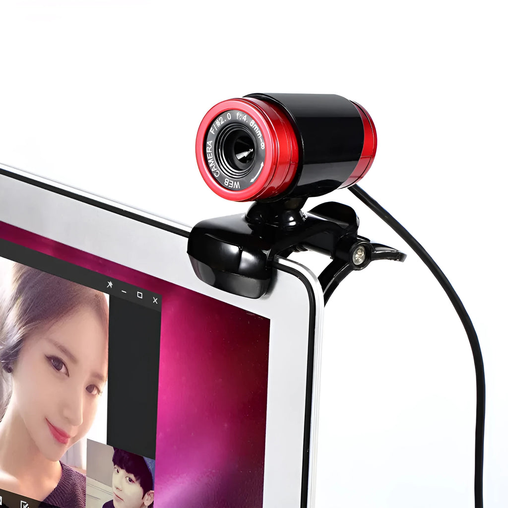 HD computer camera with 12.0M pixels, manual focus ring, and built-in microphone on a black stand