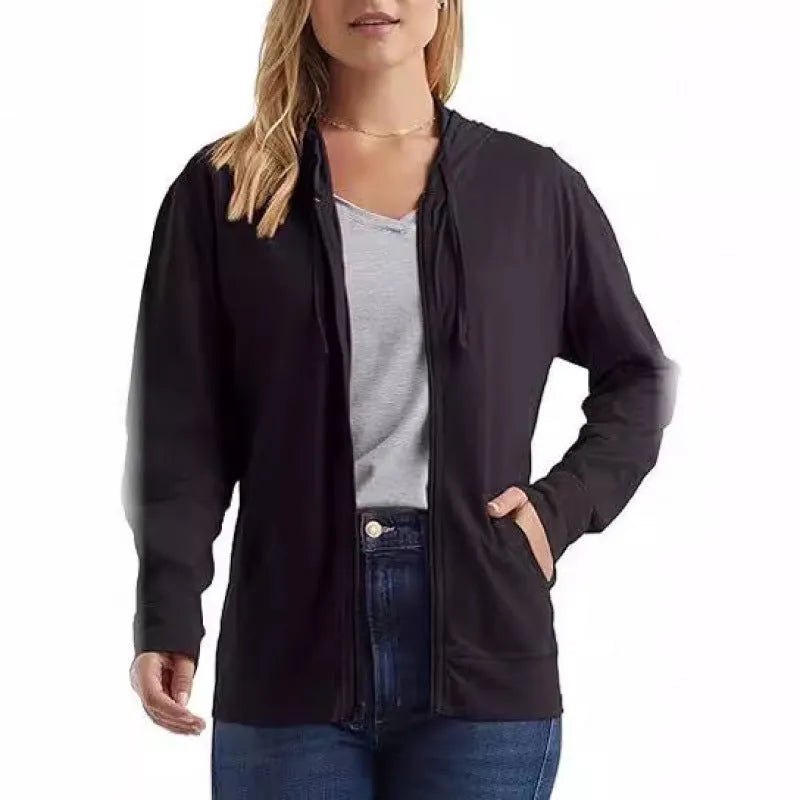 A loose-fit solid colour hoodie sports top shown on a hanger, available in black, white, grey, dark blue, sky blue and dark pink.