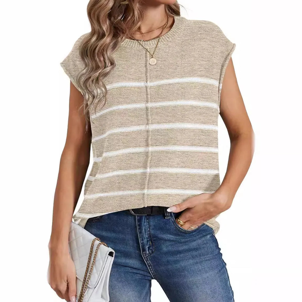 A woman's striped sleeveless V-neck pullover vest on a hanger, showing seam bone stitch detail.