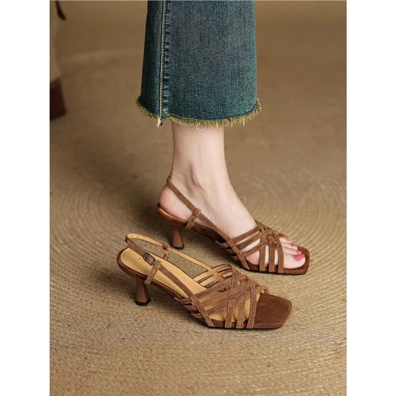 Women's light brown retro sandals with thin cross straps, square toe, and an ankle buckle on a 3-6cm heel.
