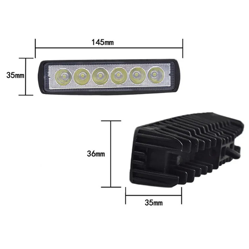 Black die-cast aluminium automotive auxiliary light with six LEDs and a mounting bracket.
