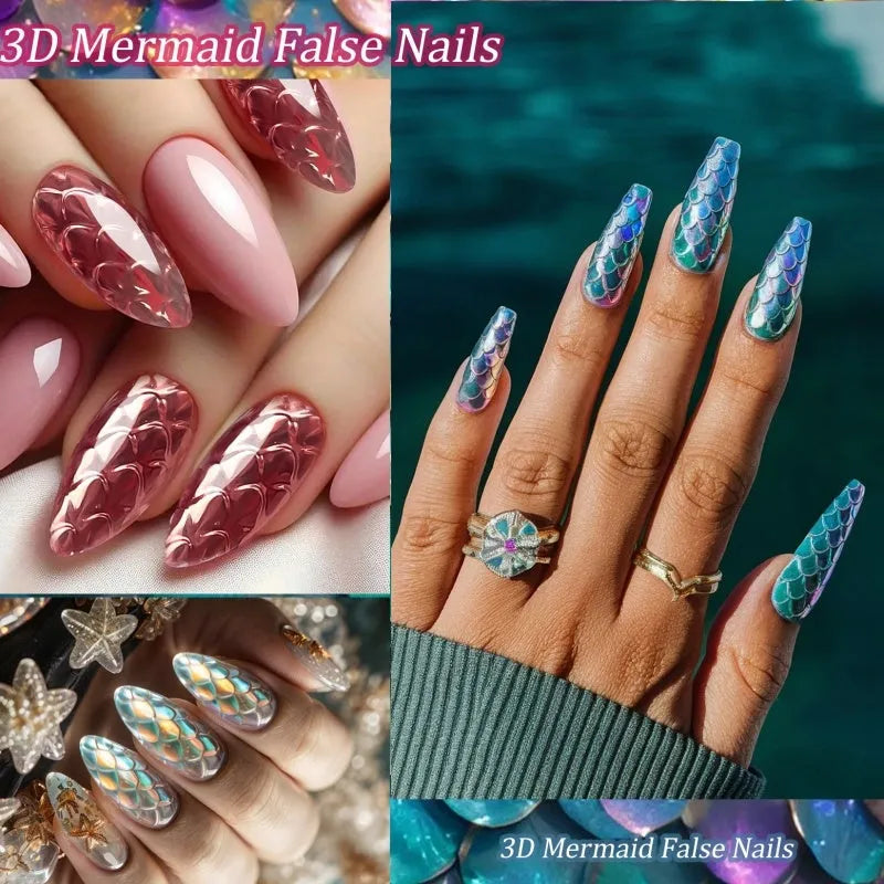 Box of 3D scale long shaping full cover false nail tips for professional nail extensions
