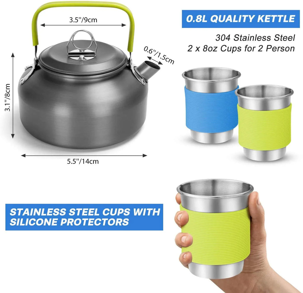Camping cooker set with hard aluminium boiling pan, frying pan, teapot, stainless steel cutlery, cups, and plates on outdoor table