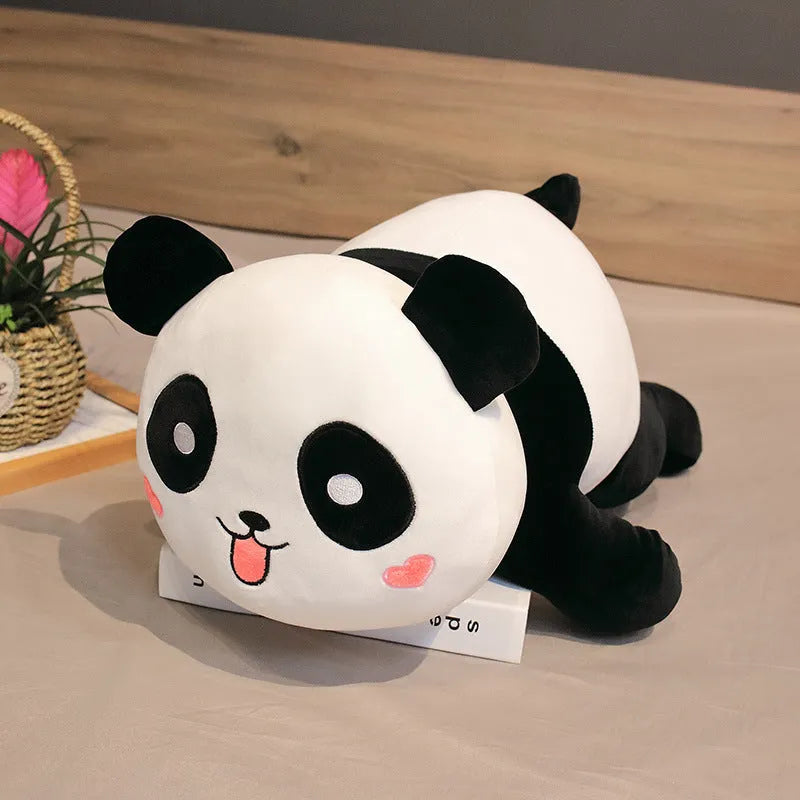 Lying Panda Pillow Large Sleeping Pillow 85cm Stretch Soft Velvet Fabric Down Cotton Fill Triangle-Eye Smile or Round-Eye Laugh Novelty Cushion for Bed Sofa Nap Rest Support