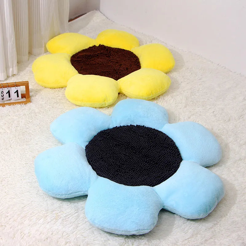 85cm round flower pattern cat nest with plush fabric and sponge-filled walls in blue colour
