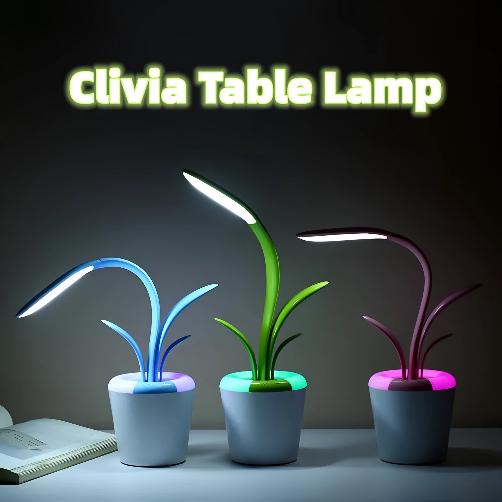 Modern rechargeable desk lamp with plant shape design in pink, showing touch control on a wooden end table