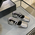 Women's low heel square toe evening shoes in silver, brown, and black solid colours, size 35-39