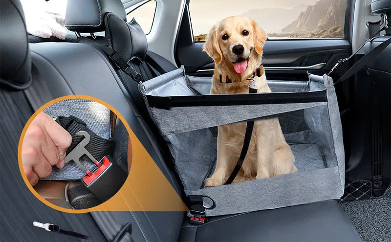 Collapsible oxford cloth dog crate in grey, shown with shoulder strap.