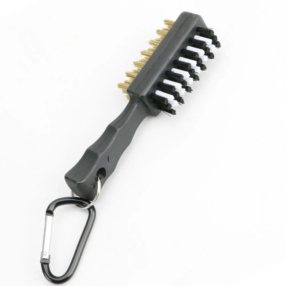 Golf club double-sided brush with nylon and steel wire bristles for cleaning ball head grooves
