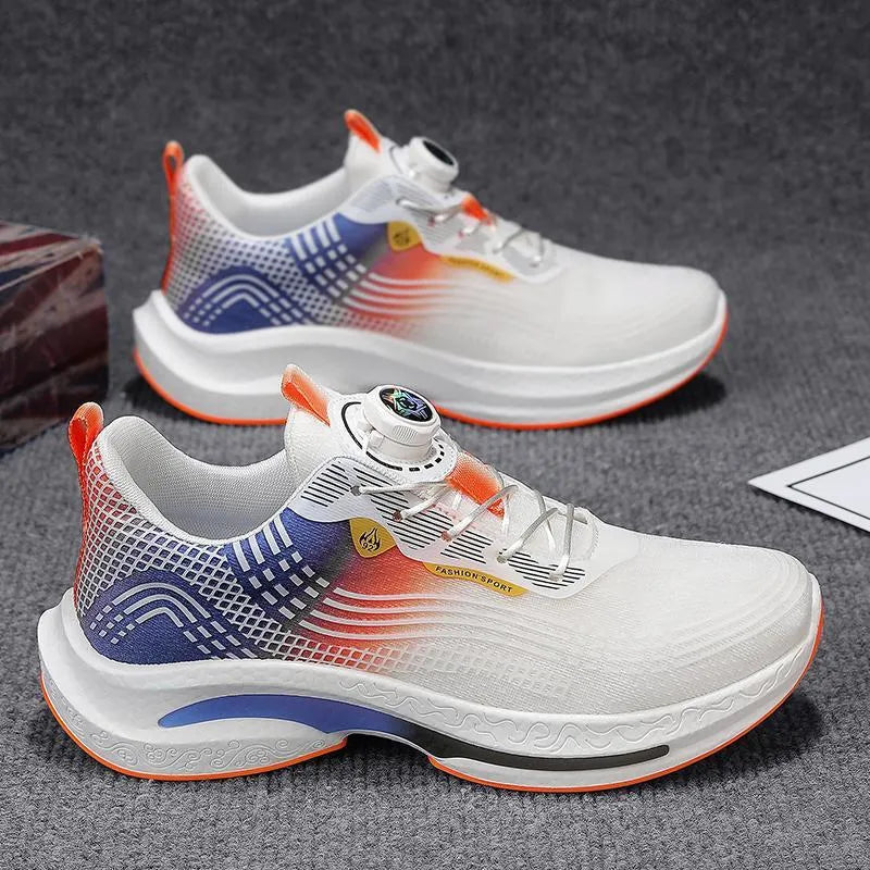 Men's white and blue low-top mesh sneakers with a rotating buckle closure and rubber sole