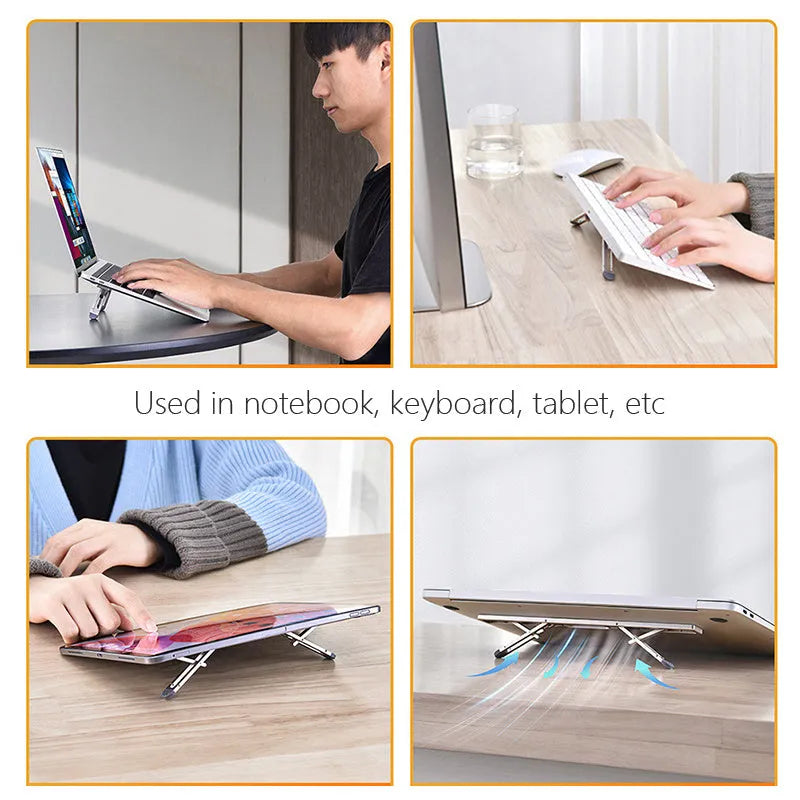 Aluminium laptop cooling bracket in silver colour with adjustable heightening base