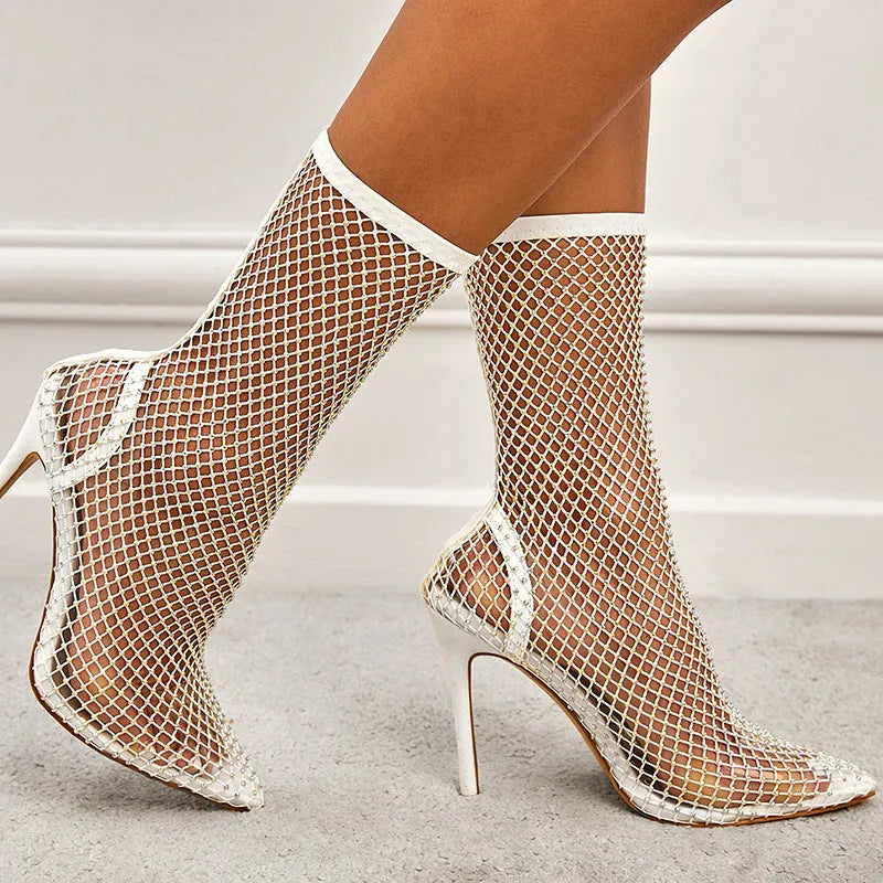 Women's stiletto heel pointed toe hollow mesh boots in black with oversleeve design