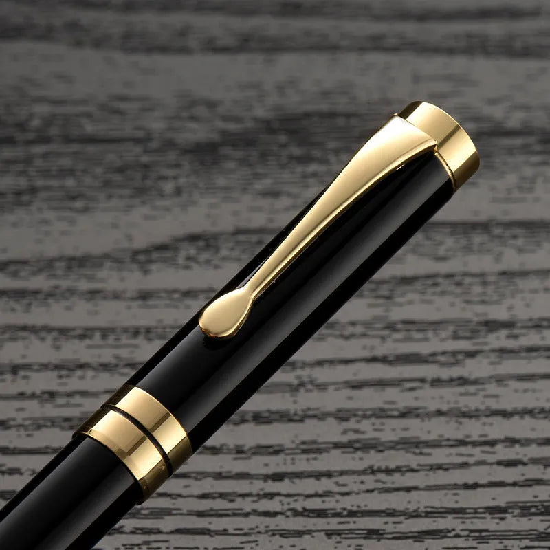 Metal fountain pen with F 0.5mm nib in black body with gold clip, showing 140mm length